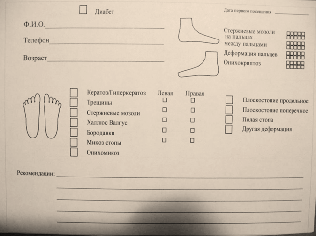 Карта подолога образец клиента