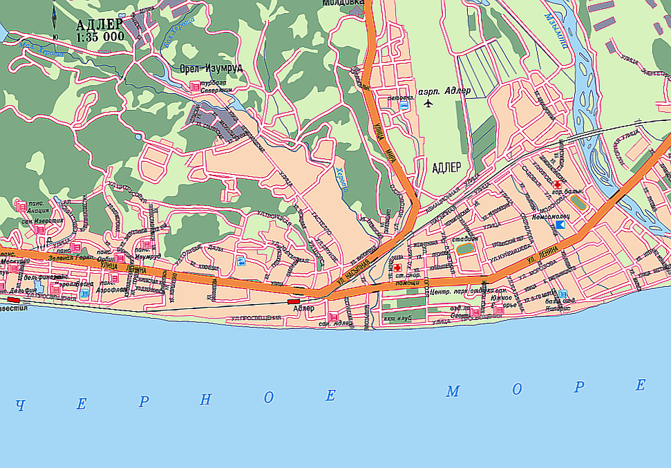 Карта адлера с улицами и домами подробно расстояние до моря в метрах